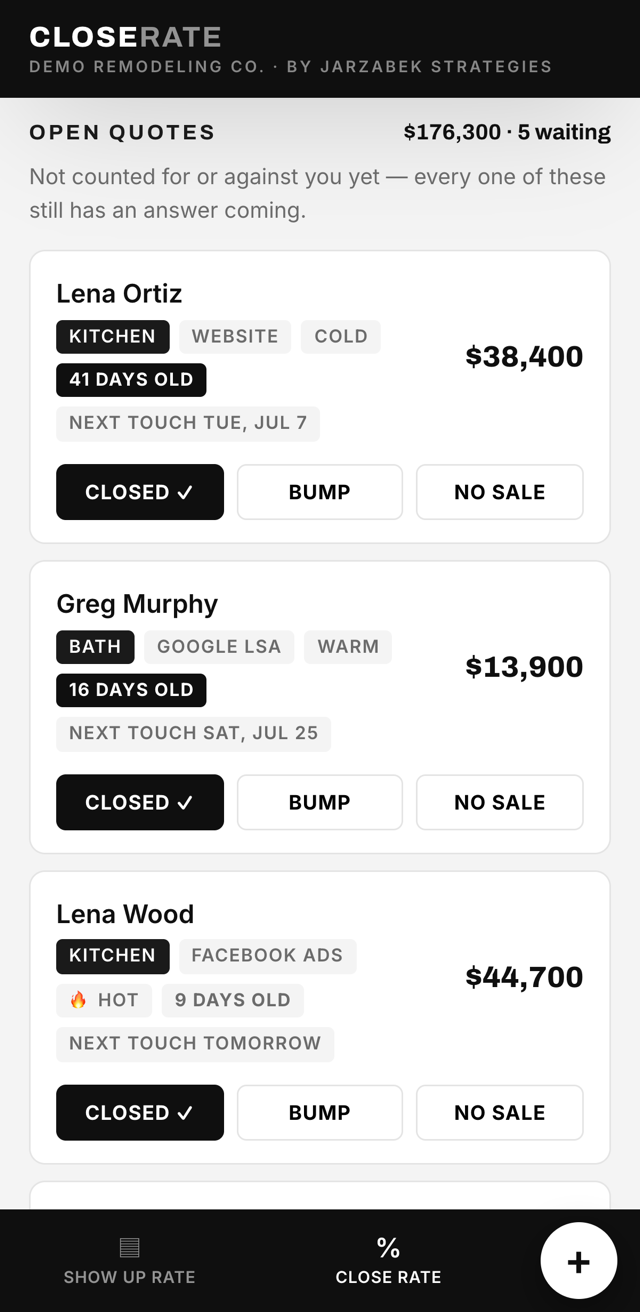 The CloseRate “Close rate” screen: open quotes listed with their dollar value, how old they are, and whether they're hot, warm, or cold.